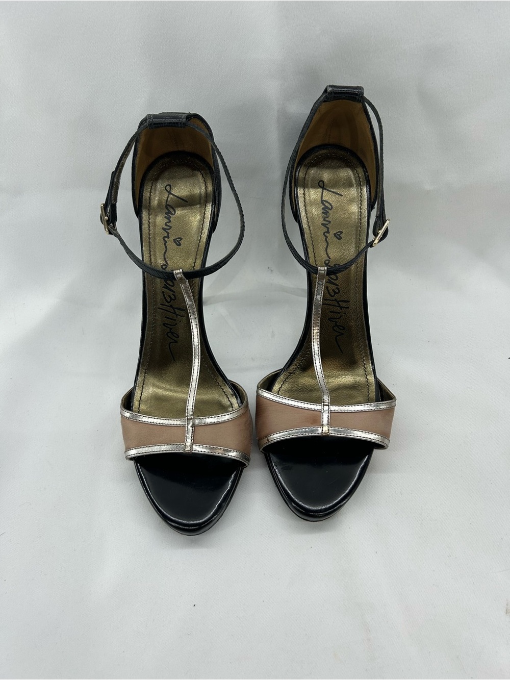 Lanvin Black and Blush T-Strap Ankle Strap Heels 40.5
